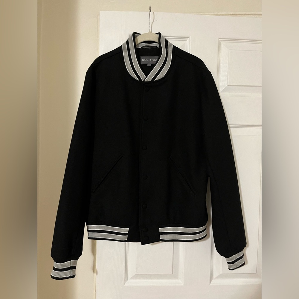 Slate & stone wool varsity jacket